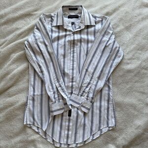 Geoffrey Bean Fitted White Blue And Gold Striped Long Sleeve Button Up‎